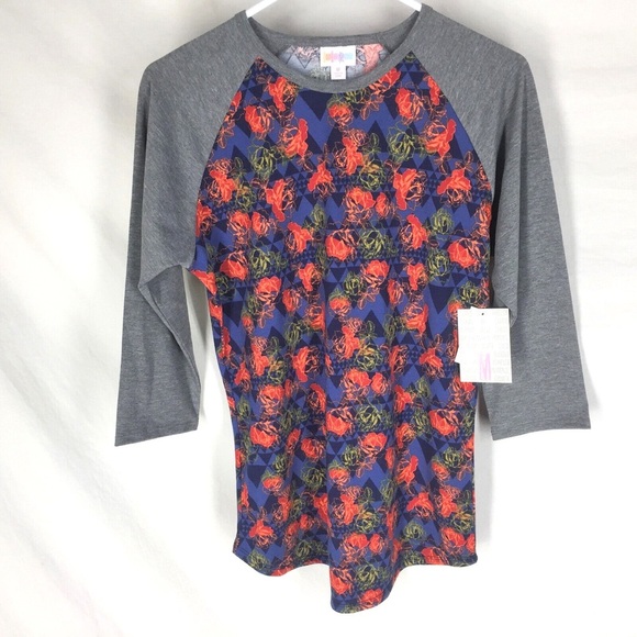 NWT Lularoe Randy Blue Geometric Red & Gold Roses w/Gray Sleeves Size Large - Picture 1 of 6